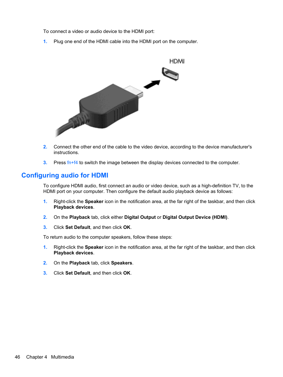 Configuring audio for hdmi | HP Compaq 620 Notebook-PC User Manual | Page 58 / 158