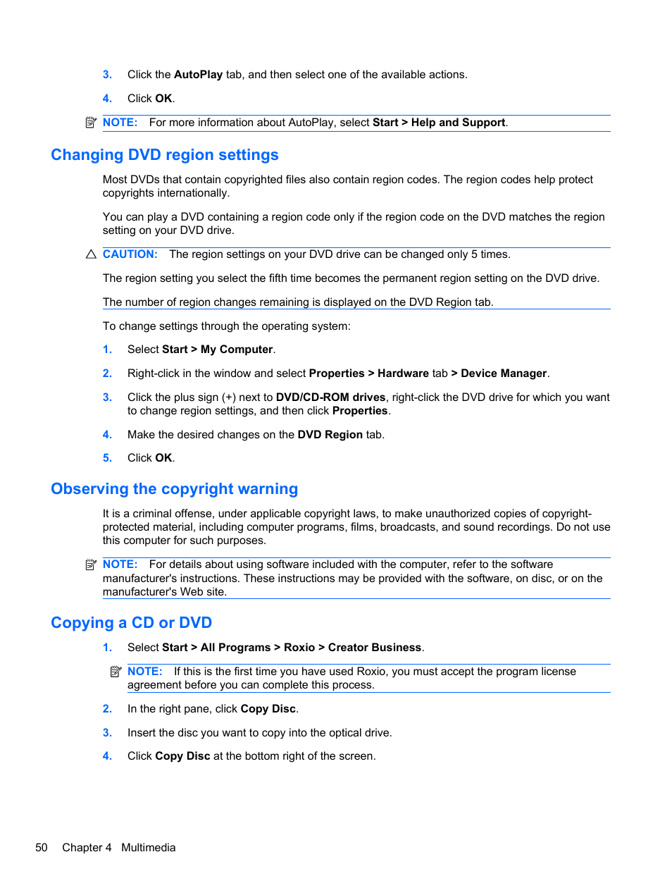 Changing dvd region settings, Observing the copyright warning, Copying a cd or dvd | HP Compaq 620 Notebook-PC User Manual | Page 62 / 158