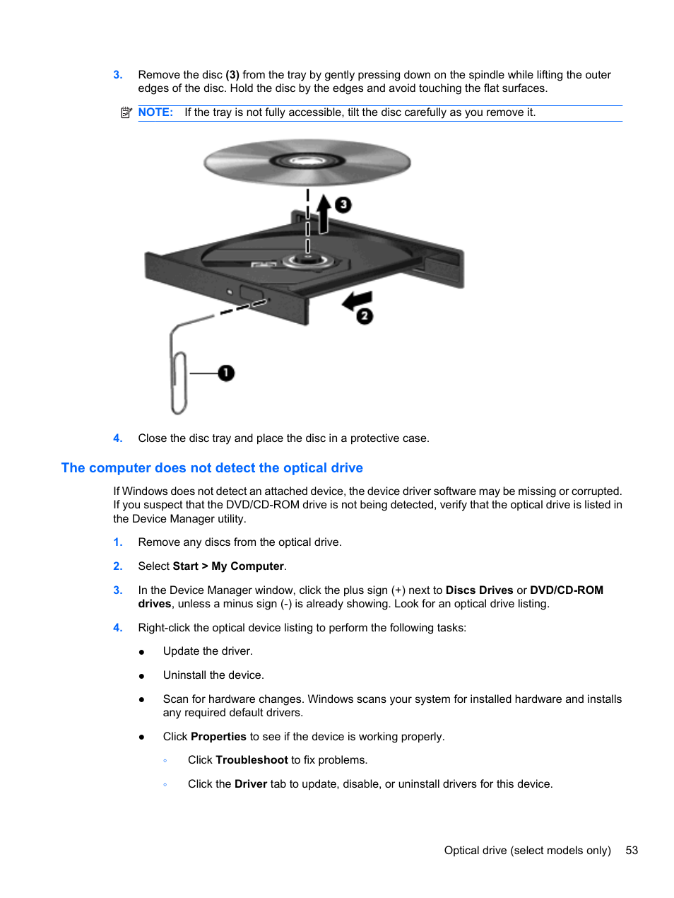 The computer does not detect the optical drive | HP Compaq 620 Notebook-PC User Manual | Page 65 / 158