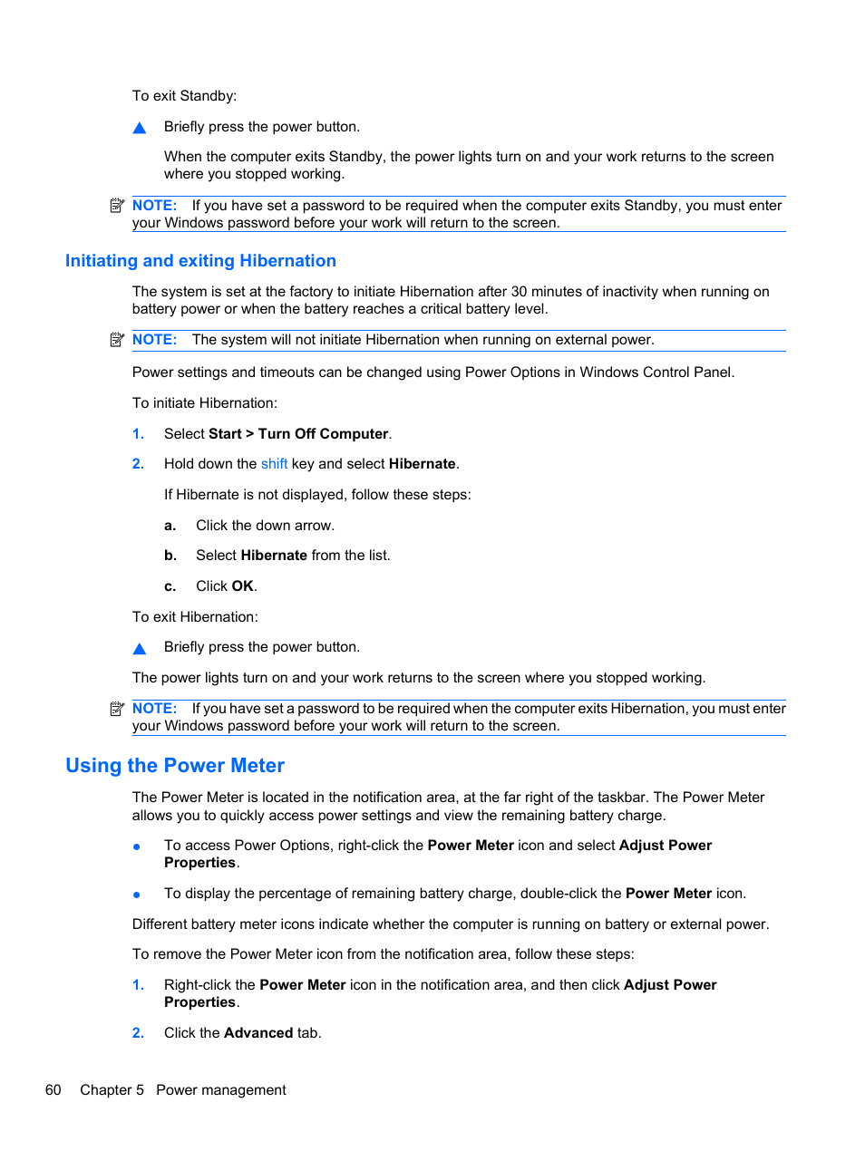 Initiating and exiting hibernation, Using the power meter | HP Compaq 620 Notebook-PC User Manual | Page 72 / 158