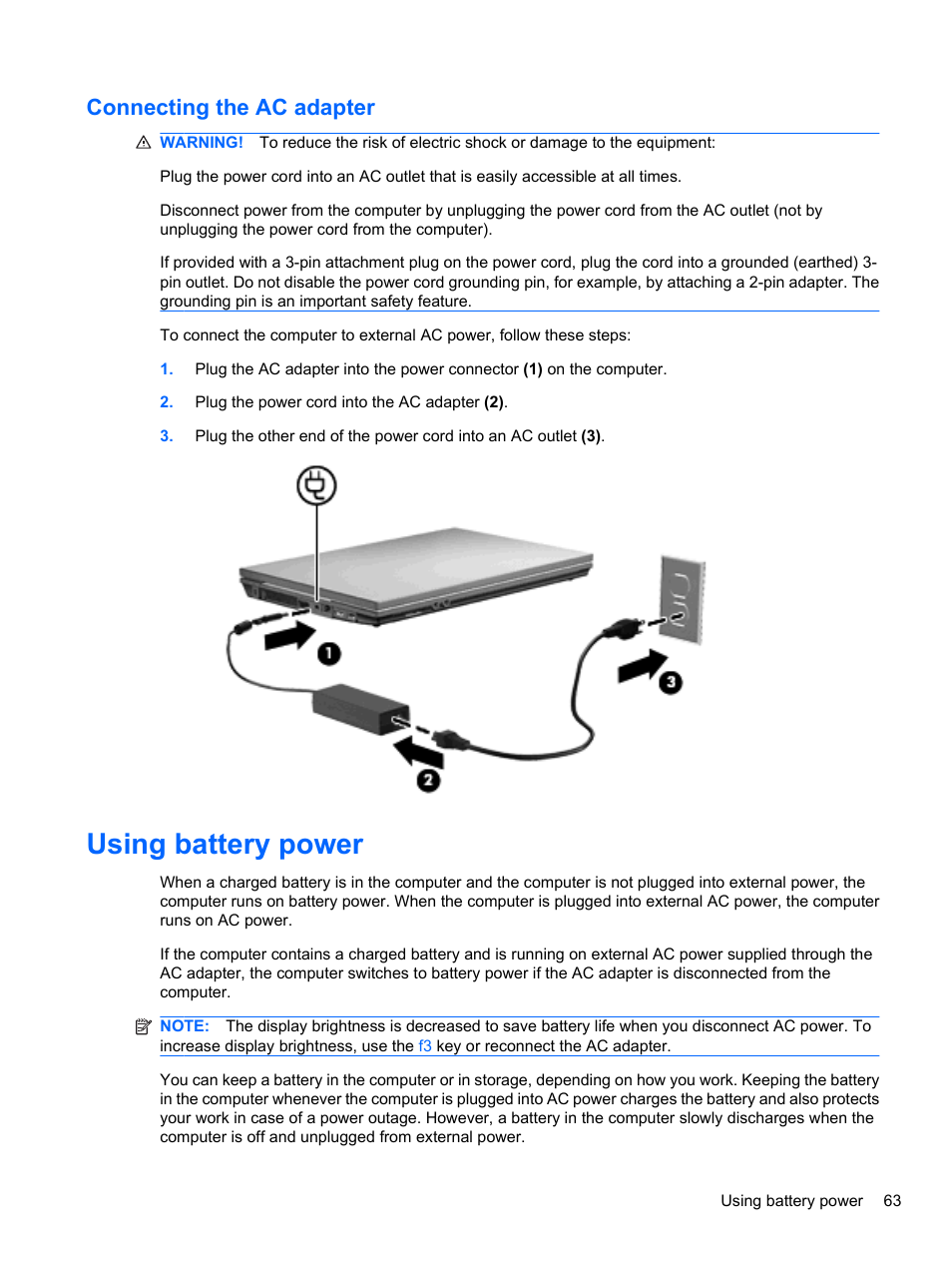 Connecting the ac adapter, Using battery power | HP Compaq 620 Notebook-PC User Manual | Page 75 / 158