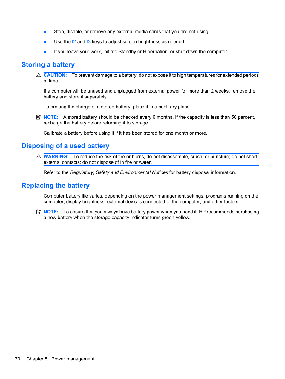 Storing a battery, Disposing of a used battery, Replacing the battery | HP Compaq 620 Notebook-PC User Manual | Page 82 / 158