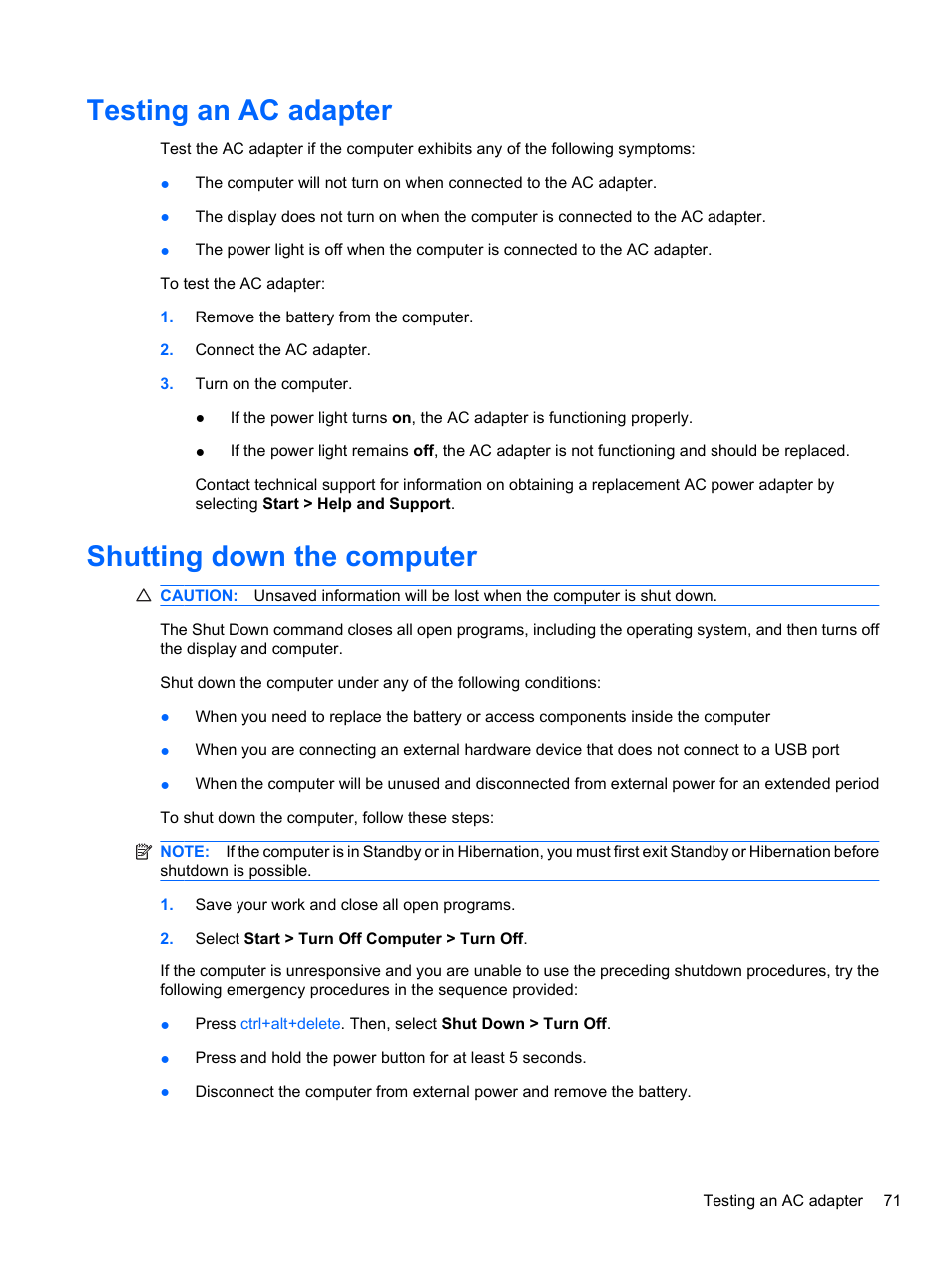 Testing an ac adapter, Shutting down the computer, Testing an ac adapter shutting down the computer | HP Compaq 620 Notebook-PC User Manual | Page 83 / 158