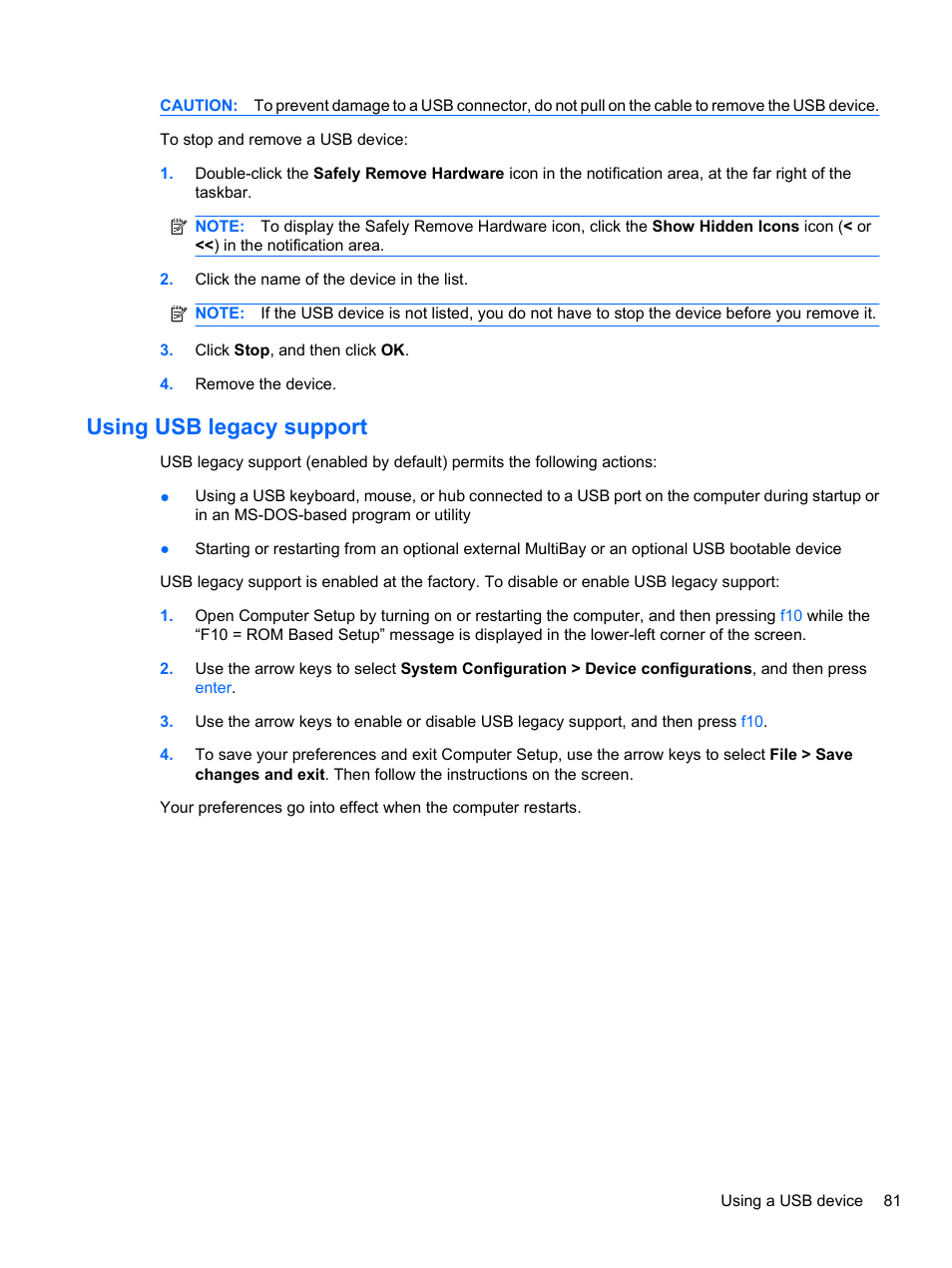 Using usb legacy support | HP Compaq 620 Notebook-PC User Manual | Page 93 / 158