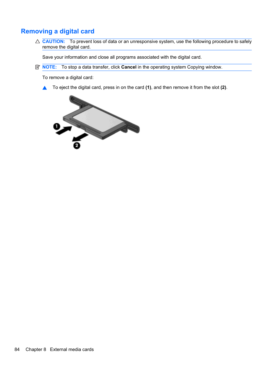 Removing a digital card | HP Compaq 620 Notebook-PC User Manual | Page 96 / 158