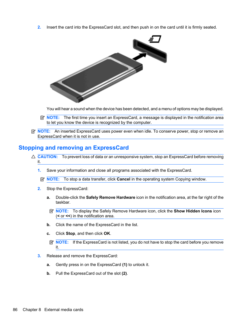 Stopping and removing an expresscard | HP Compaq 620 Notebook-PC User Manual | Page 98 / 158