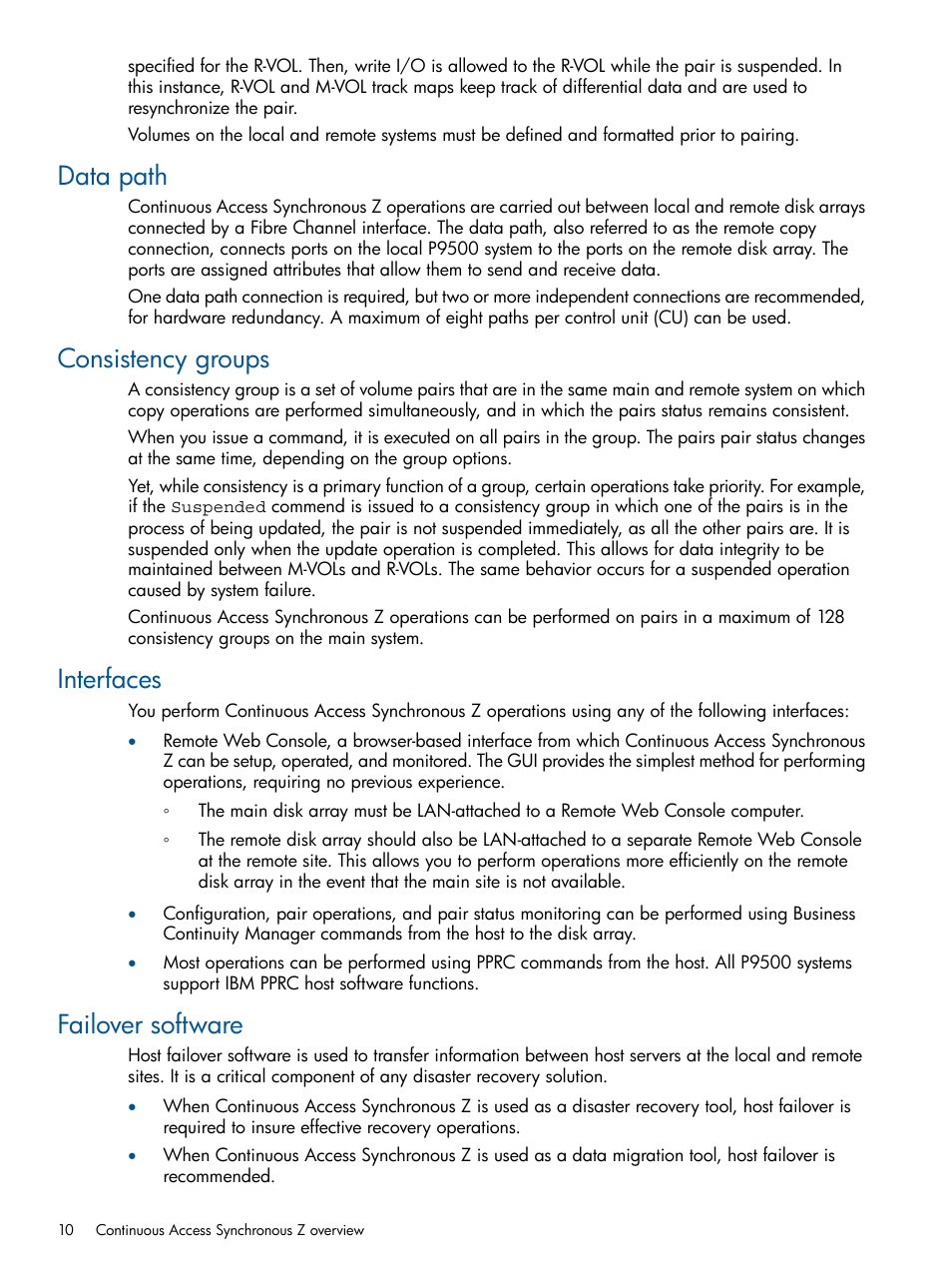 Data path, Consistency groups, Interfaces | Failover software | HP XP P9500 Storage User Manual | Page 10 / 152