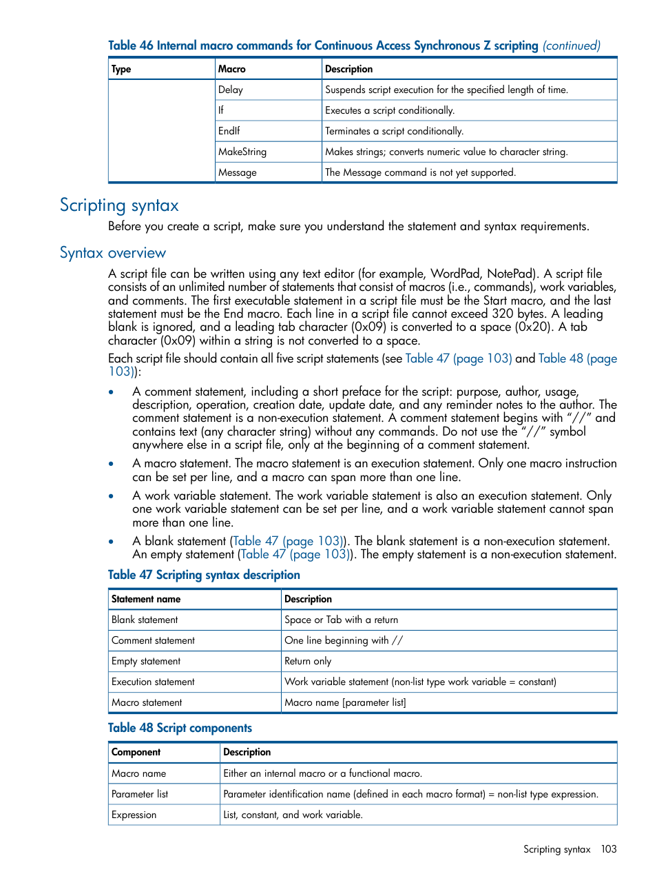 Scripting syntax, Syntax overview | HP XP P9500 Storage User Manual | Page 103 / 152