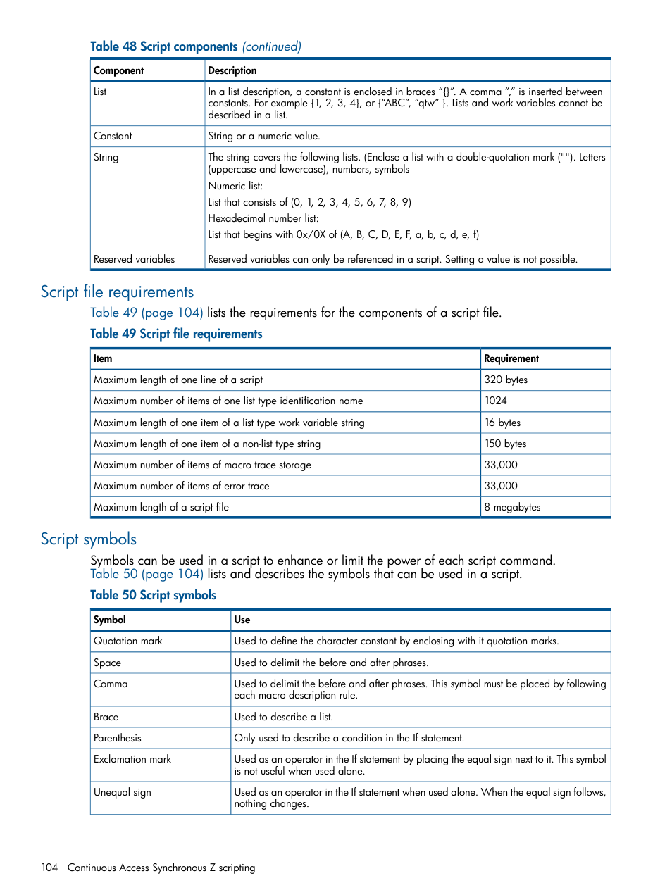 Script file requirements, Script symbols, Script file requirements script symbols | HP XP P9500 Storage User Manual | Page 104 / 152