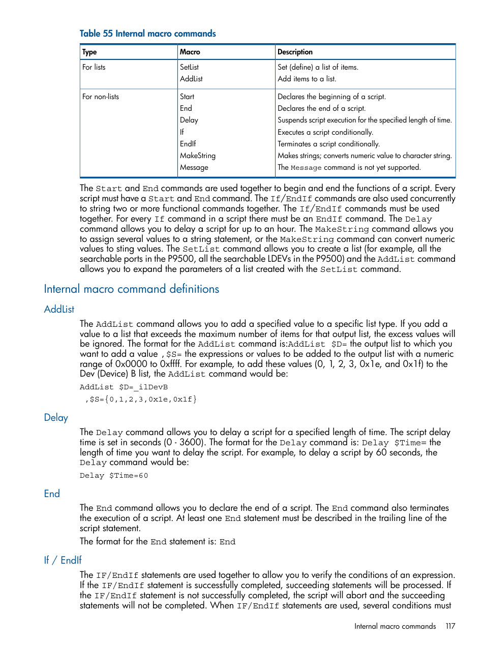 Internal macro command definitions, Addlist, Delay | If / endif, Addlist delay end if / endif | HP XP P9500 Storage User Manual | Page 117 / 152