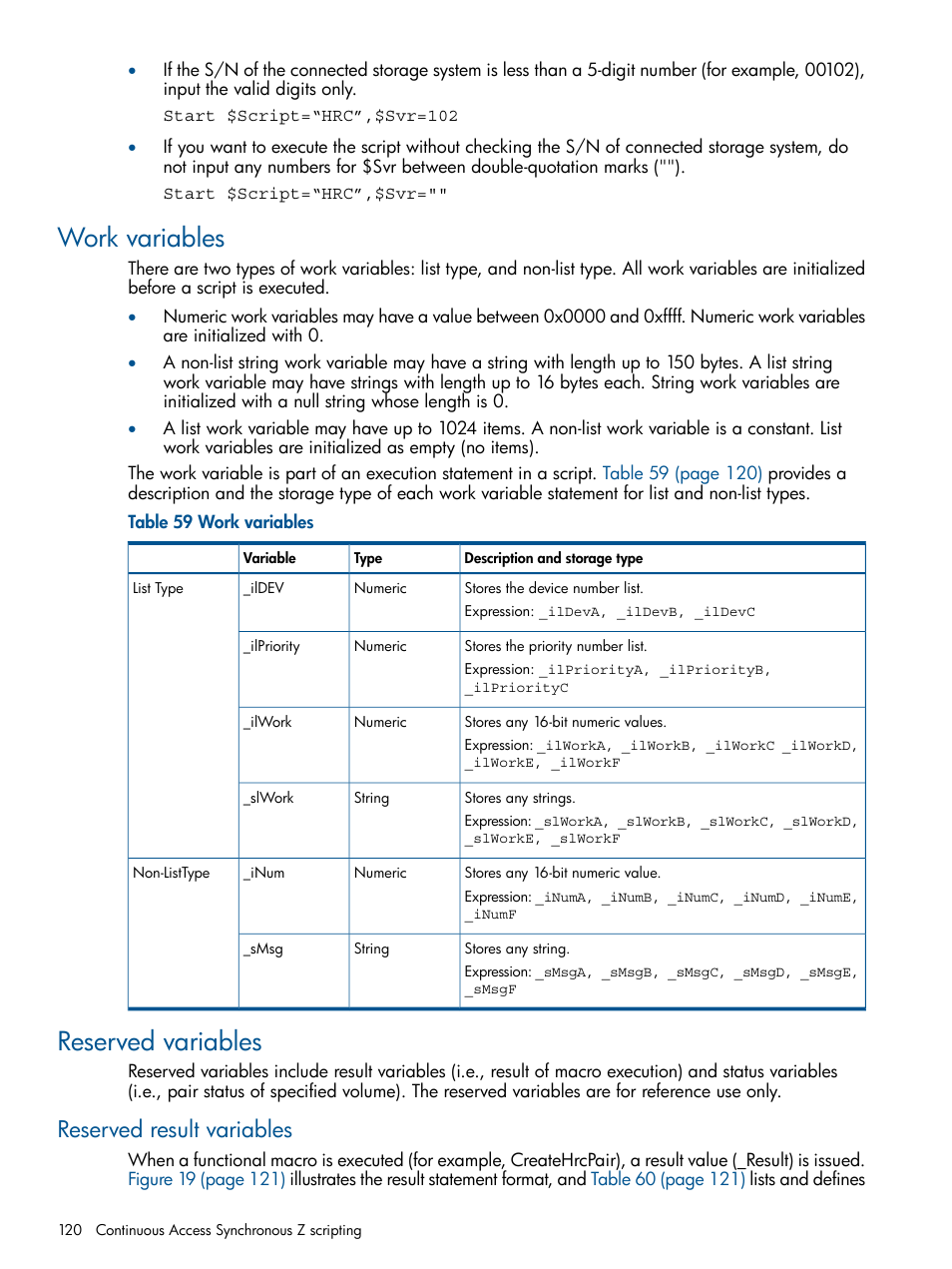 Work variables, Reserved variables, Reserved result variables | Work variables reserved variables | HP XP P9500 Storage User Manual | Page 120 / 152