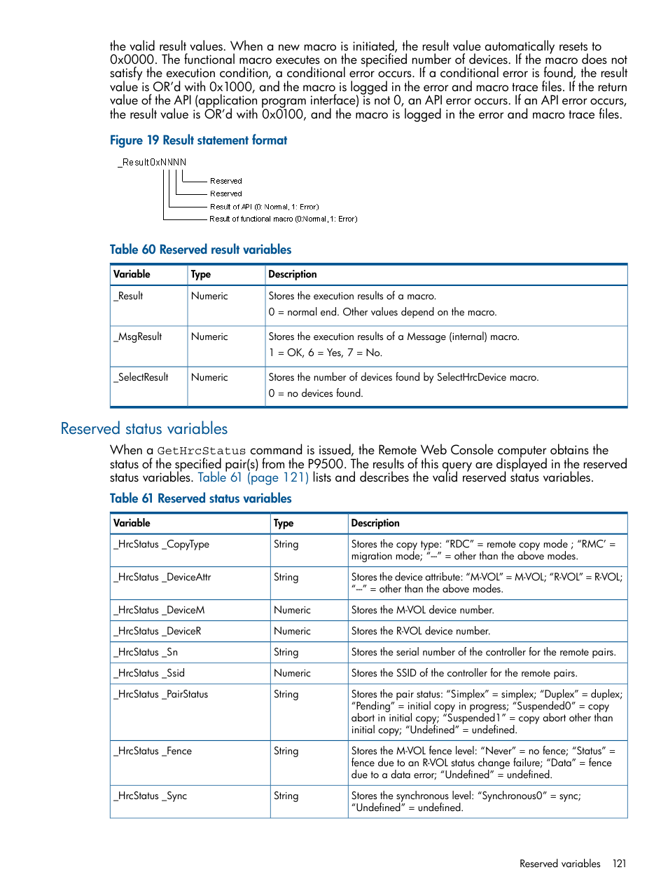 Reserved status variables | HP XP P9500 Storage User Manual | Page 121 / 152