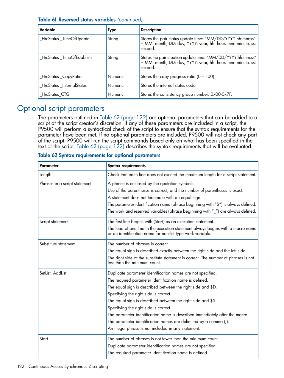 Optional script parameters | HP XP P9500 Storage User Manual | Page 122 / 152
