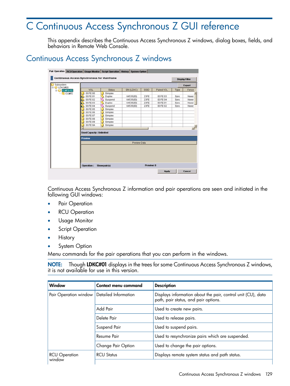 C continuous access synchronous z gui reference, Continuous access synchronous z windows | HP XP P9500 Storage User Manual | Page 129 / 152