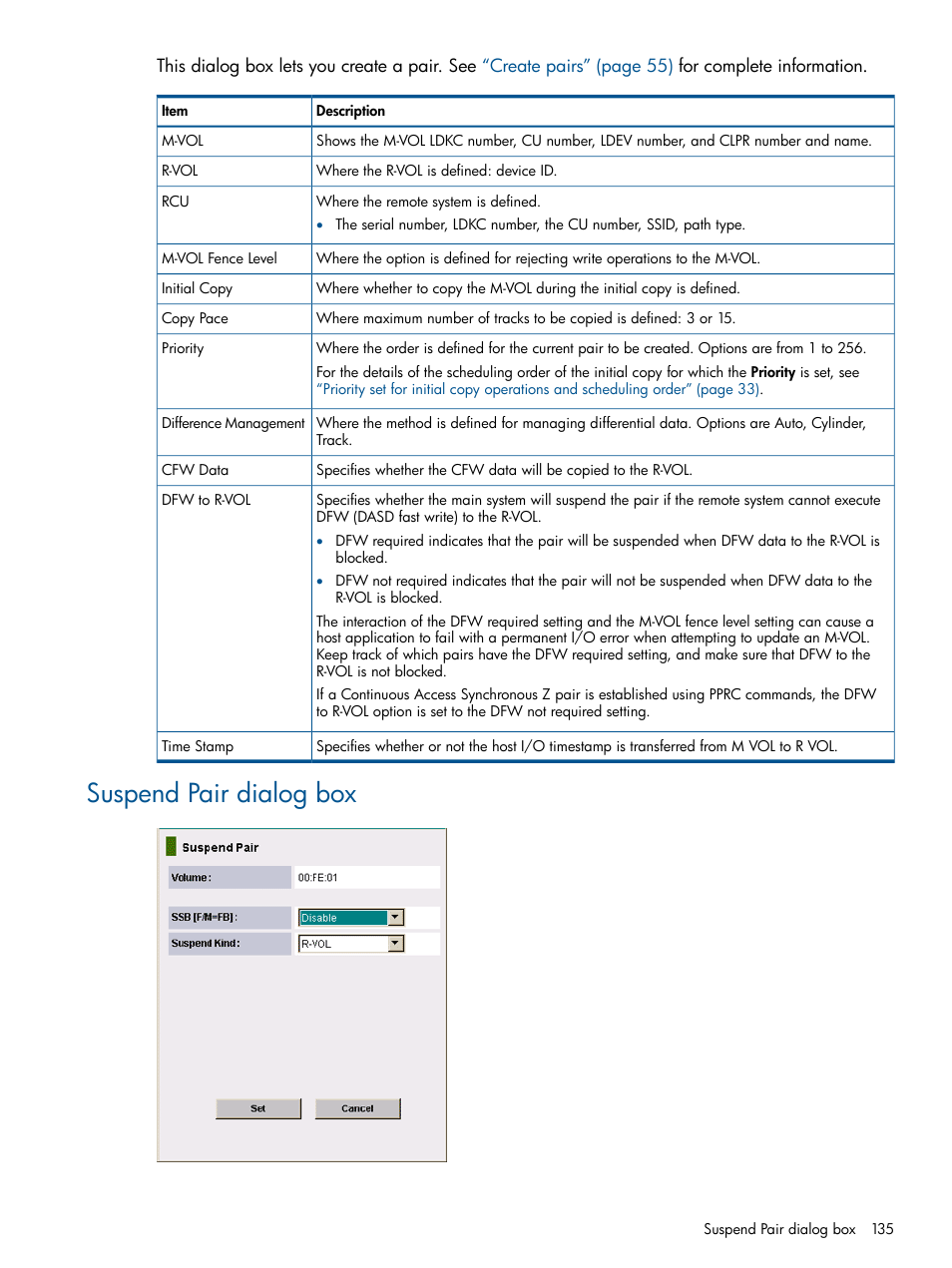 Suspend pair dialog box | HP XP P9500 Storage User Manual | Page 135 / 152