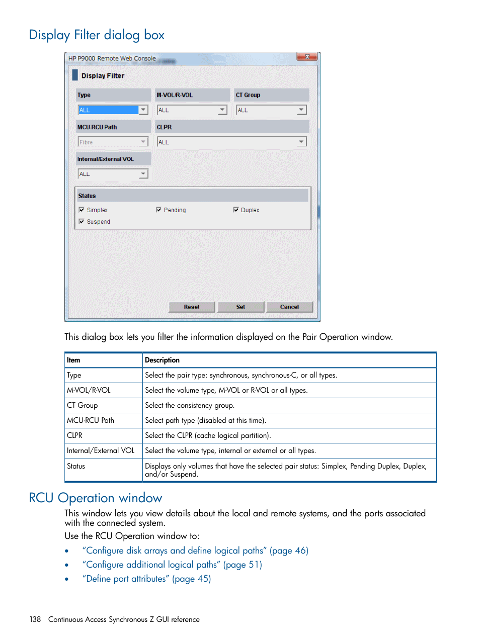 Display filter dialog box, Rcu operation window, Display filter dialog box rcu operation window | HP XP P9500 Storage User Manual | Page 138 / 152