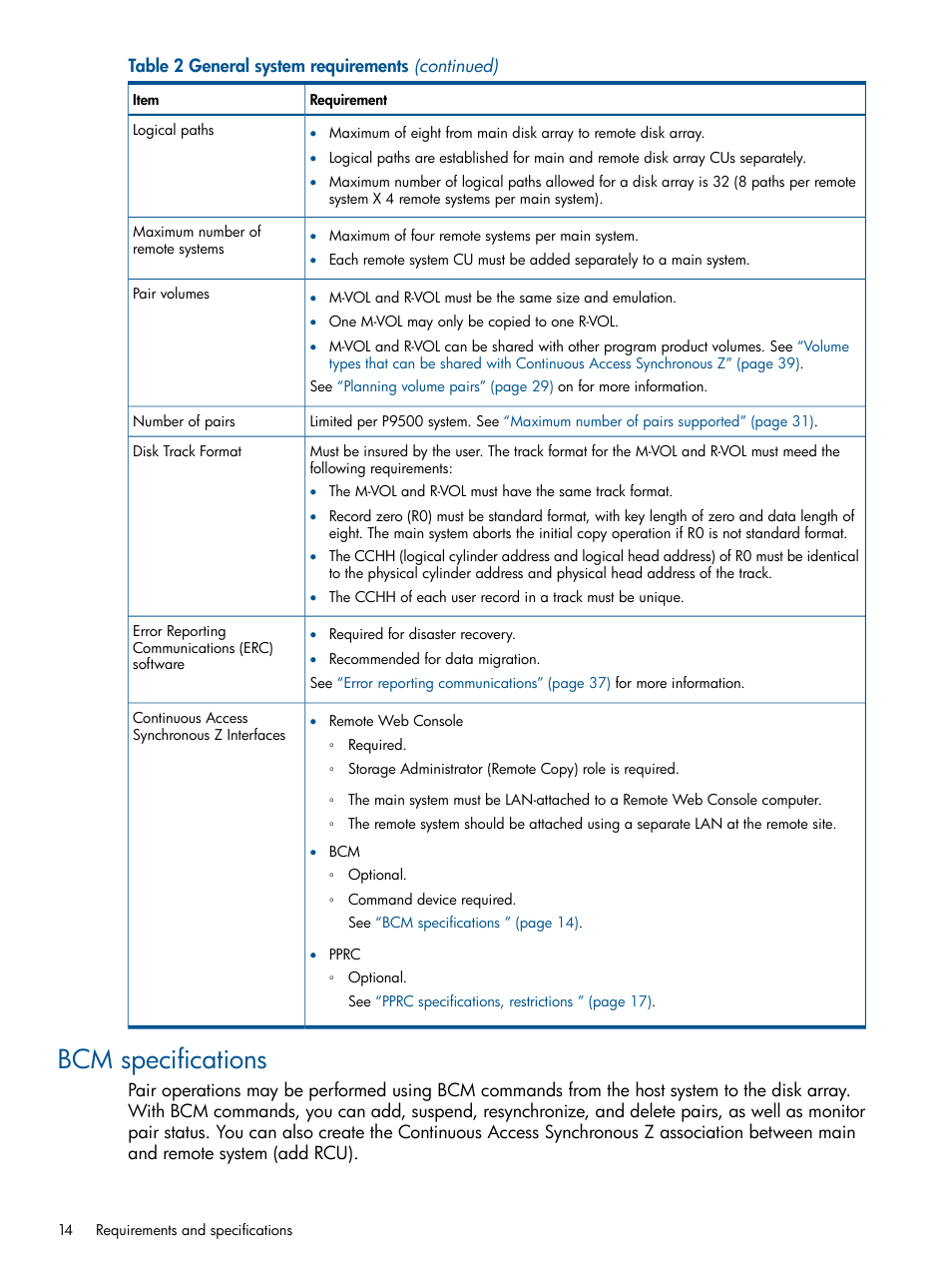 Bcm specifications | HP XP P9500 Storage User Manual | Page 14 / 152
