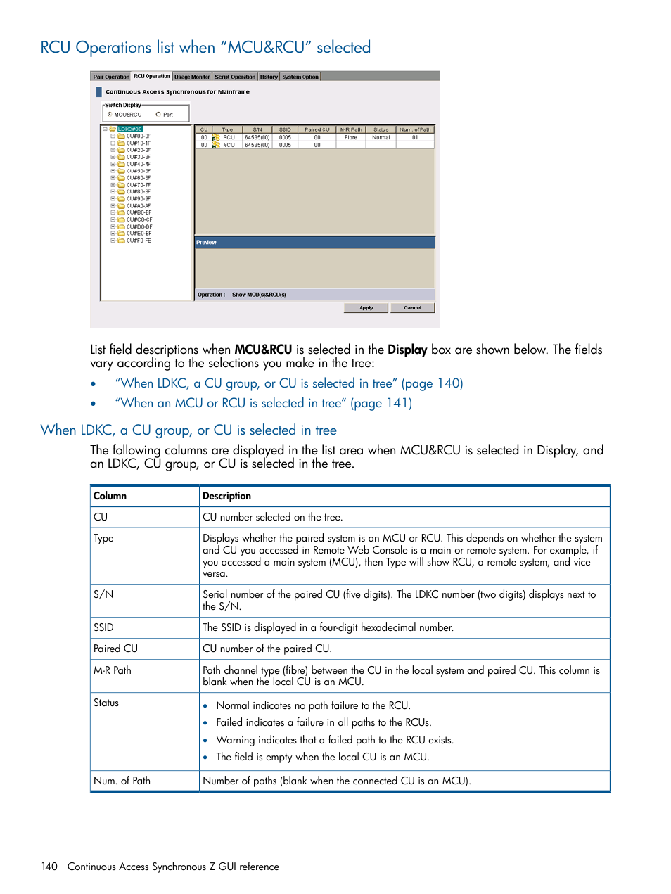 Rcu operations list when “mcu&rcu” selected, When ldkc, a cu group, or cu is selected in tree, Rcu operations | HP XP P9500 Storage User Manual | Page 140 / 152