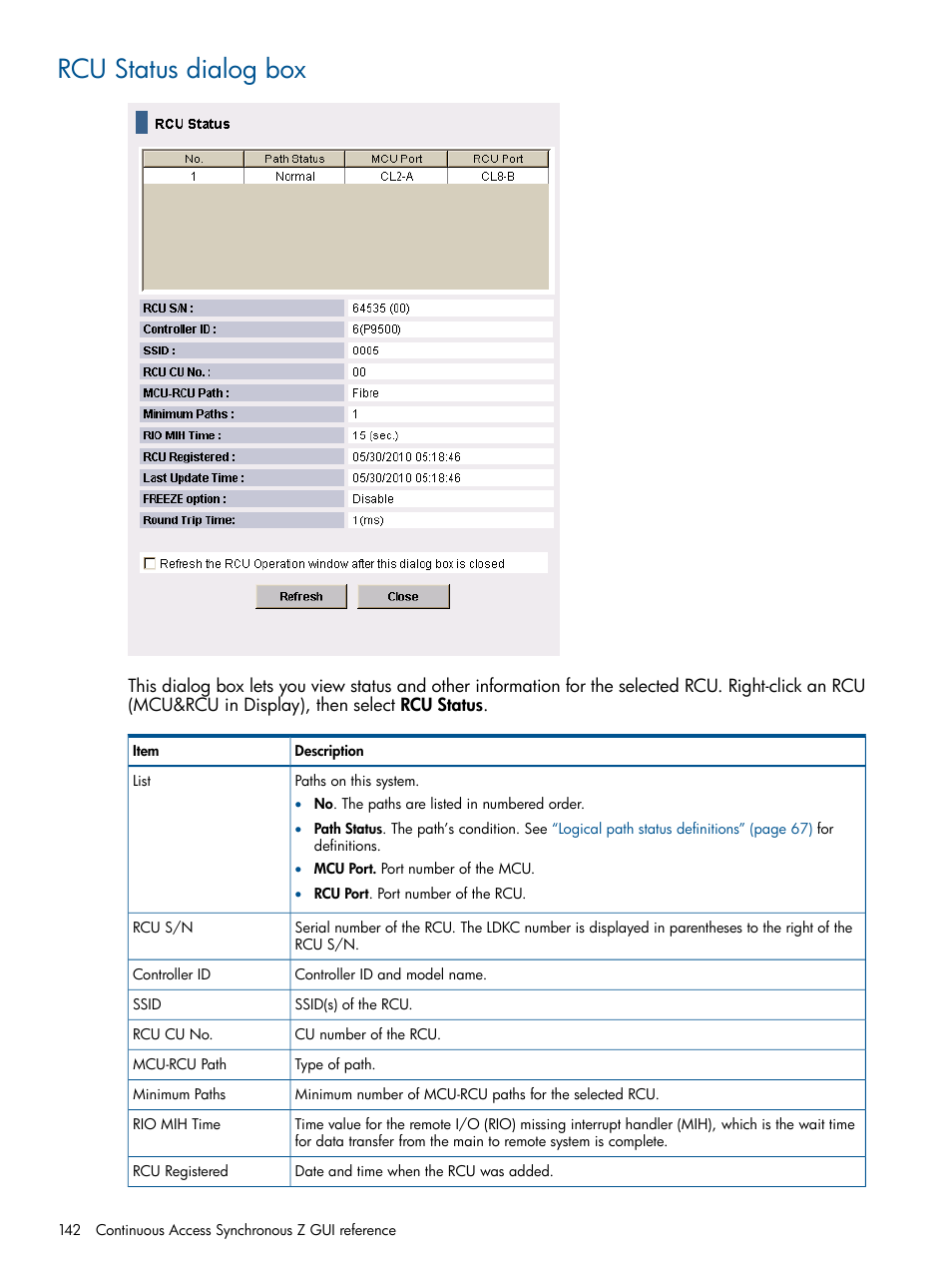 Rcu status dialog box | HP XP P9500 Storage User Manual | Page 142 / 152