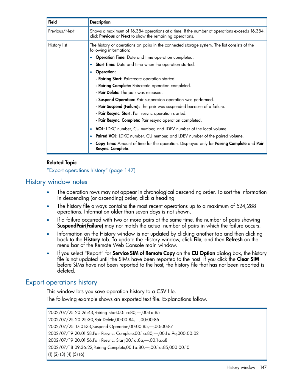 History window notes, Export operations history, History window notes export operations history | HP XP P9500 Storage User Manual | Page 147 / 152