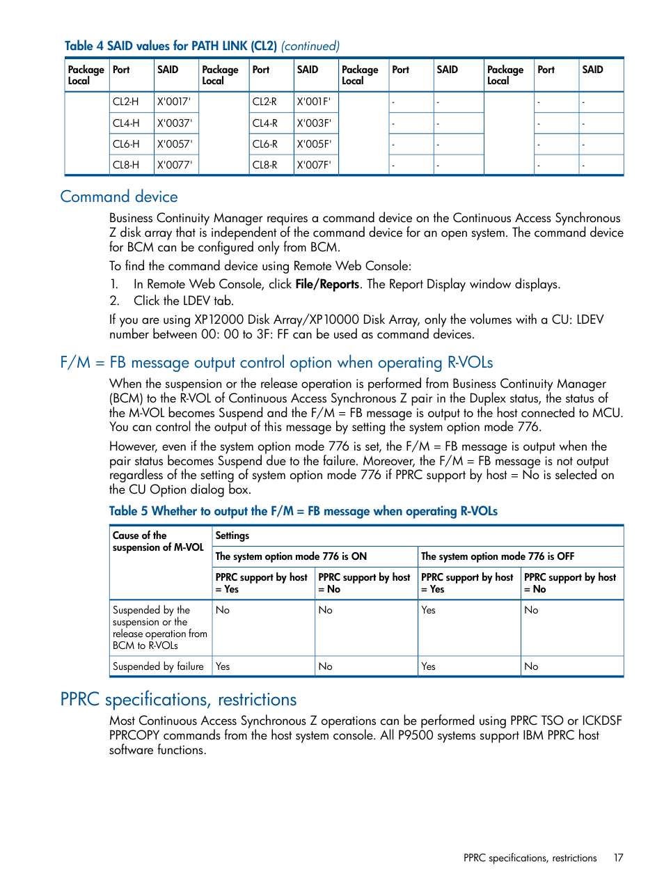 Command device, Pprc specifications, restrictions | HP XP P9500 Storage User Manual | Page 17 / 152