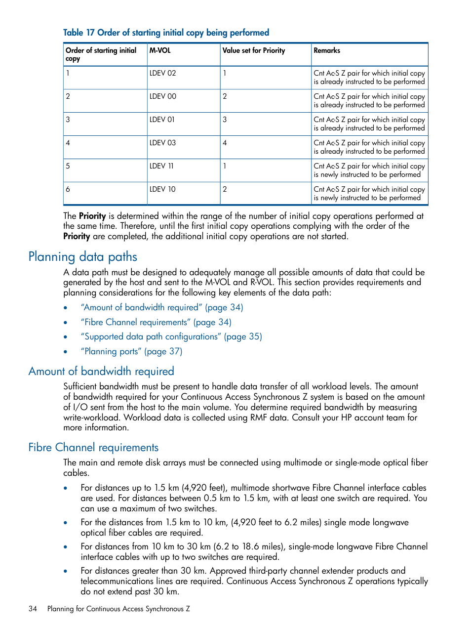 Planning data paths, Amount of bandwidth required, Fibre channel requirements | HP XP P9500 Storage User Manual | Page 34 / 152