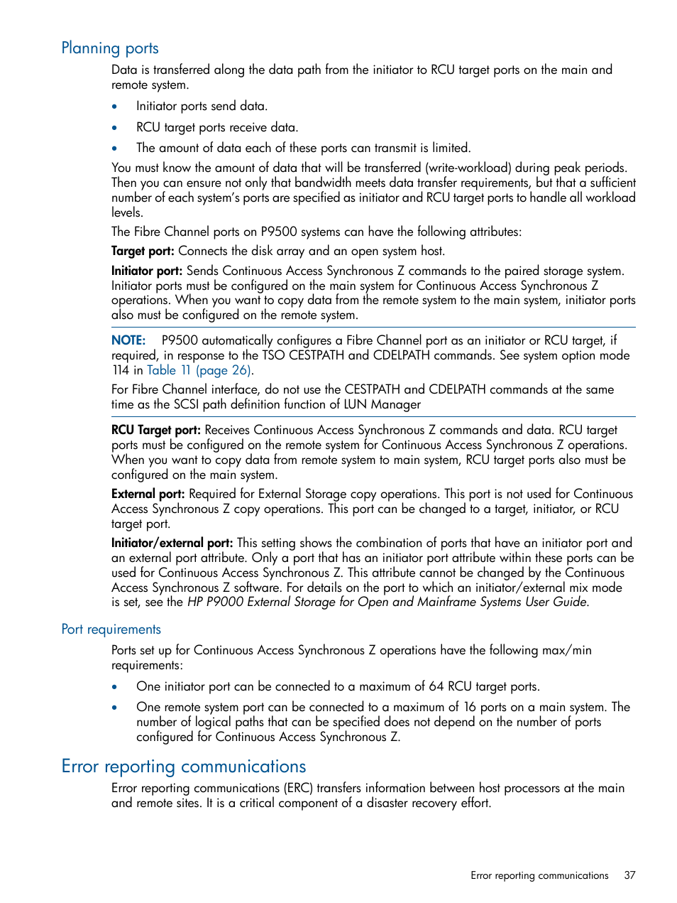 Planning ports, Port requirements, Error reporting communications | HP XP P9500 Storage User Manual | Page 37 / 152