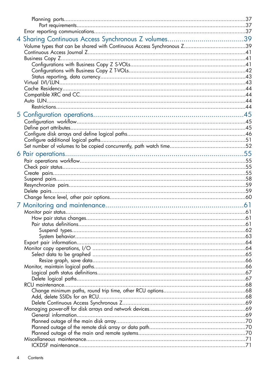 4 sharing continuous access synchronous z volumes, 5 configuration operations, 6 pair operations | 7 monitoring and maintenance | HP XP P9500 Storage User Manual | Page 4 / 152