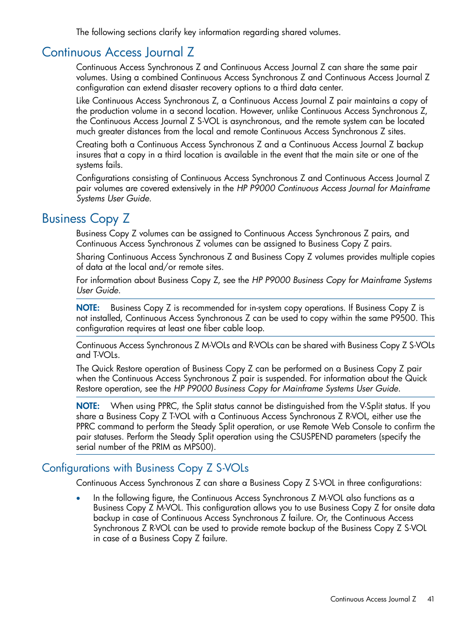 Continuous access journal z, Business copy z, Configurations with business copy z s-vols | Continuous access journal z business copy z | HP XP P9500 Storage User Manual | Page 41 / 152