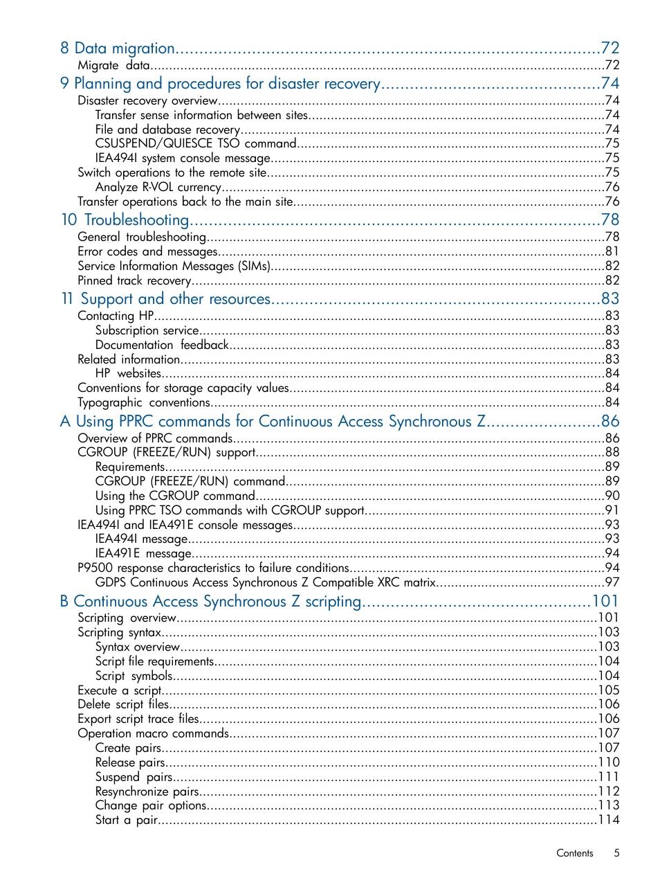 8 data migration, 9 planning and procedures for disaster recovery, 10 troubleshooting | 11 support and other resources, B continuous access synchronous z scripting | HP XP P9500 Storage User Manual | Page 5 / 152