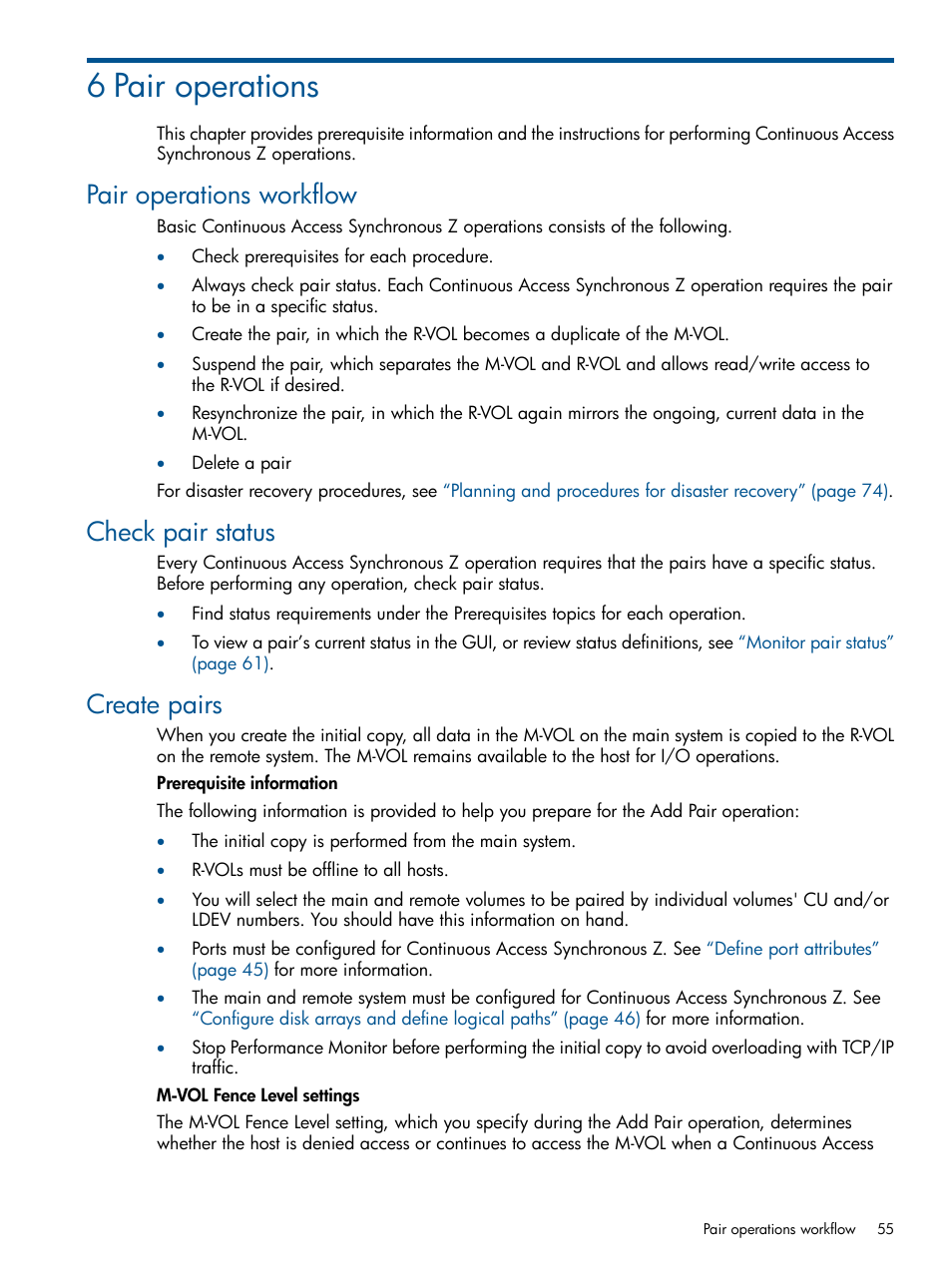 6 pair operations, Pair operations workflow, Check pair status | Create pairs | HP XP P9500 Storage User Manual | Page 55 / 152