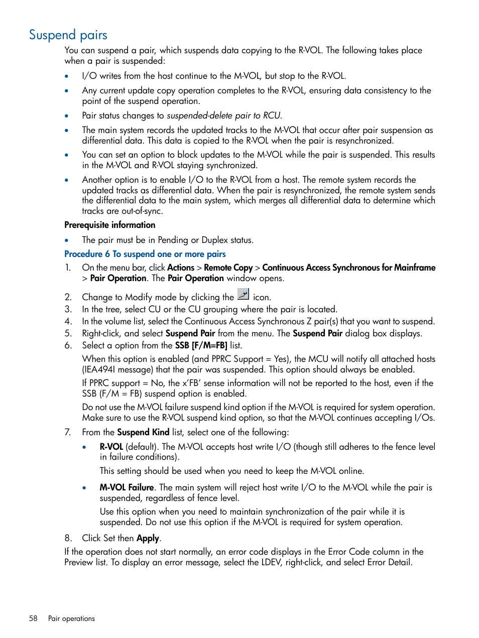 Suspend pairs | HP XP P9500 Storage User Manual | Page 58 / 152