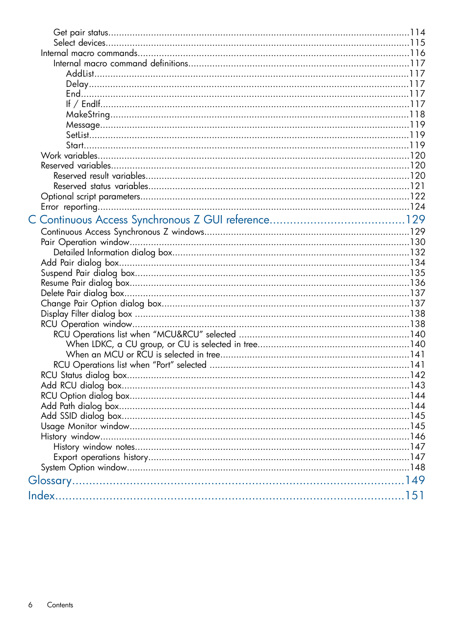 C continuous access synchronous z gui reference, Glossary index | HP XP P9500 Storage User Manual | Page 6 / 152