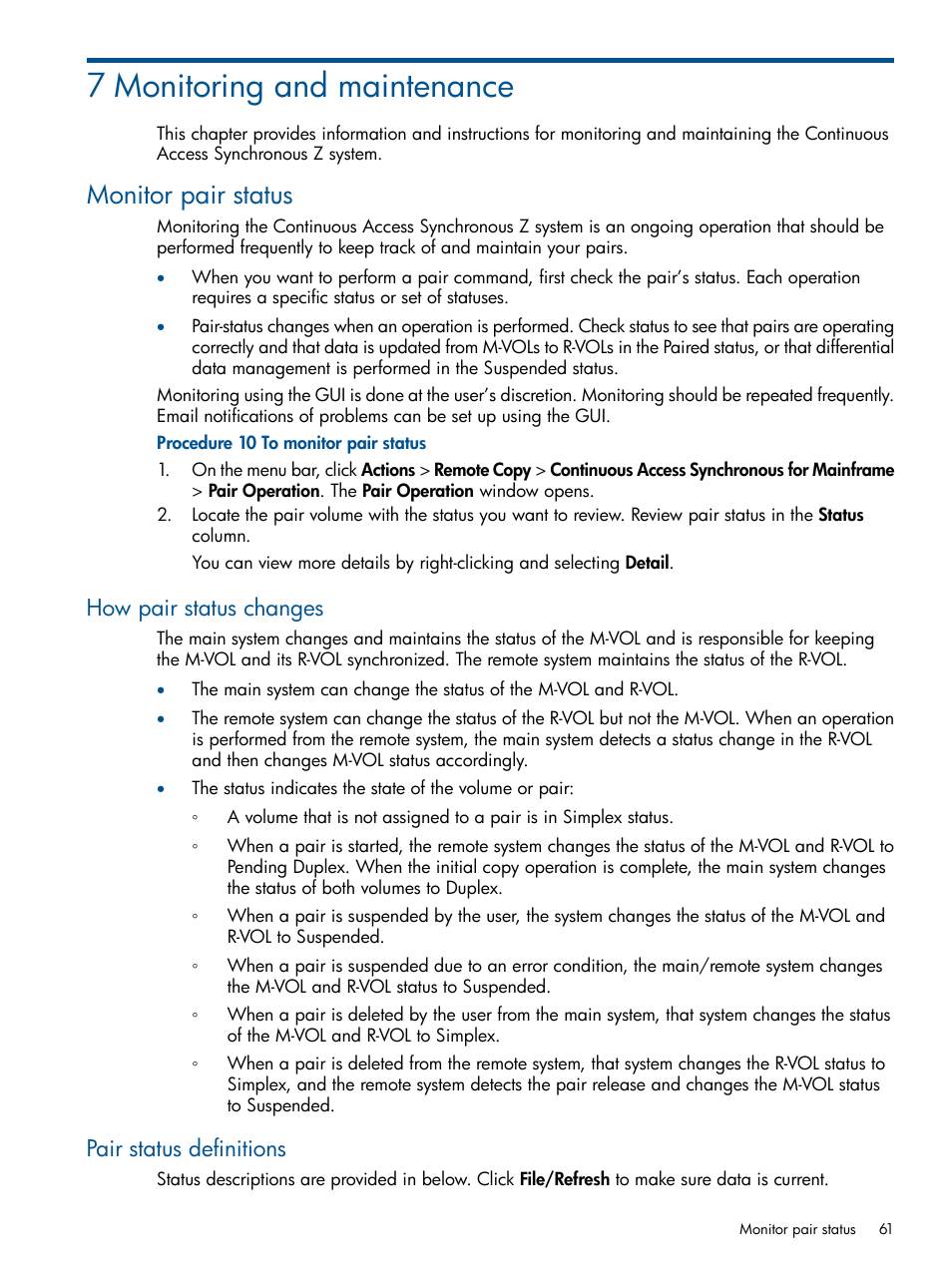 7 monitoring and maintenance, Monitor pair status, How pair status changes | Pair status definitions, How pair status changes pair status definitions | HP XP P9500 Storage User Manual | Page 61 / 152