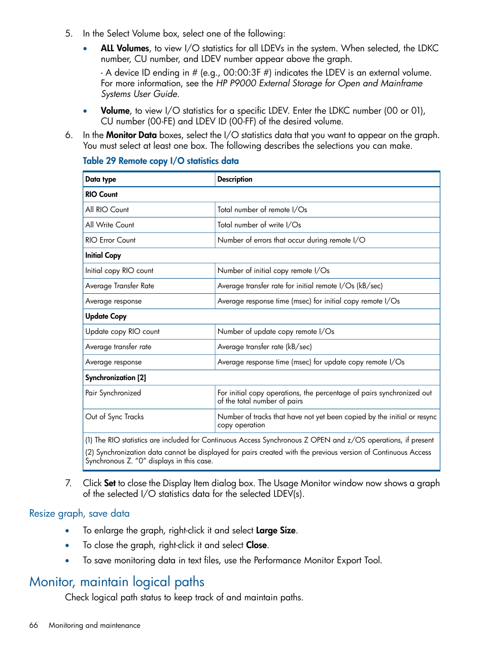 Resize graph, save data, Monitor, maintain logical paths | HP XP P9500 Storage User Manual | Page 66 / 152