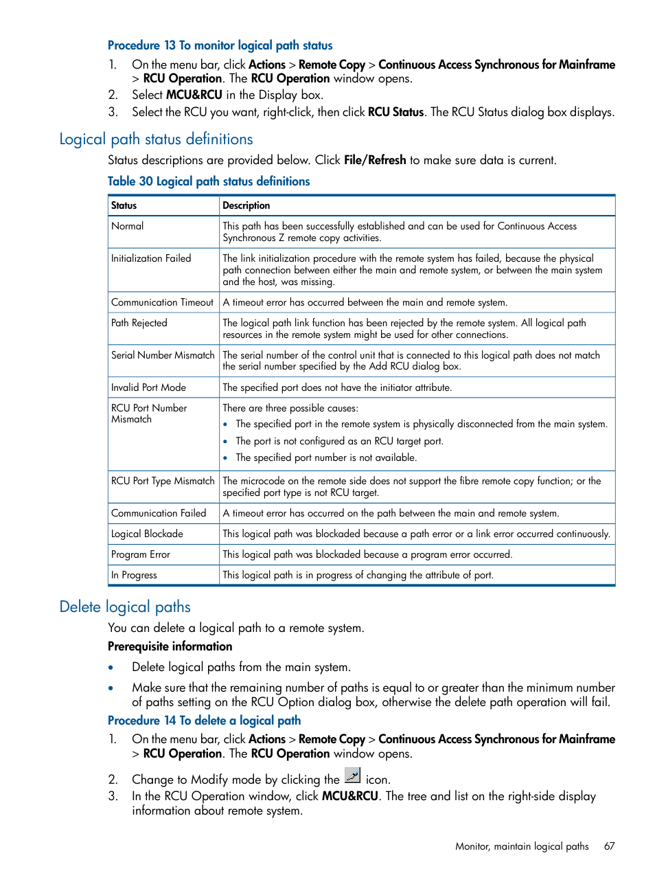 Logical path status definitions, Delete logical paths | HP XP P9500 Storage User Manual | Page 67 / 152