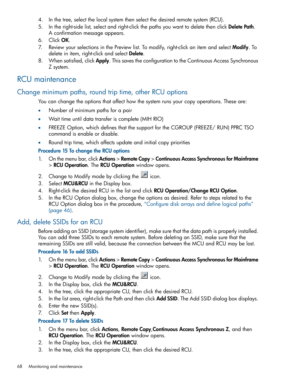 Rcu maintenance, Add, delete ssids for an rcu | HP XP P9500 Storage User Manual | Page 68 / 152