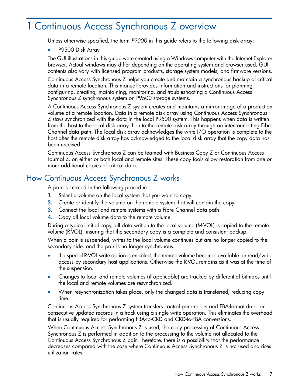1 continuous access synchronous z overview, How continuous access synchronous z works | HP XP P9500 Storage User Manual | Page 7 / 152