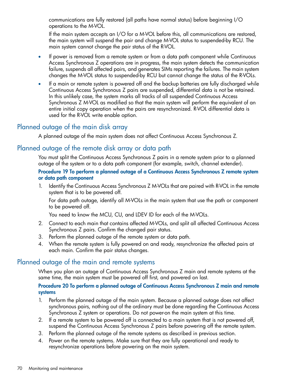 Planned outage of the main disk array, Planned outage of the main and remote systems | HP XP P9500 Storage User Manual | Page 70 / 152