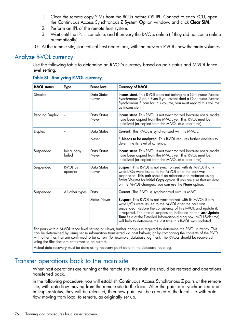 Analyze r-vol currency, Transfer operations back to the main site | HP XP P9500 Storage User Manual | Page 76 / 152