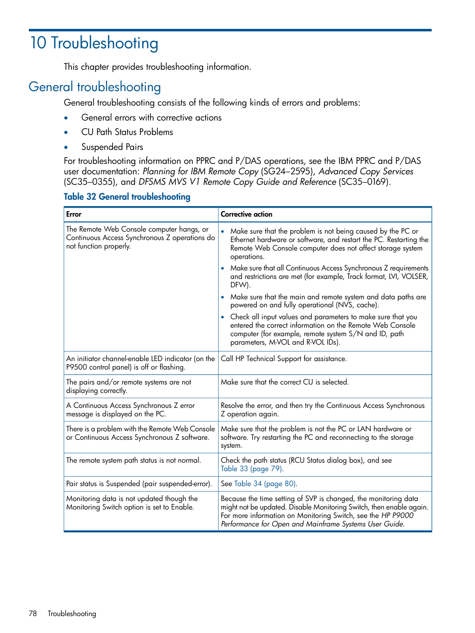 10 troubleshooting, General troubleshooting | HP XP P9500 Storage User Manual | Page 78 / 152