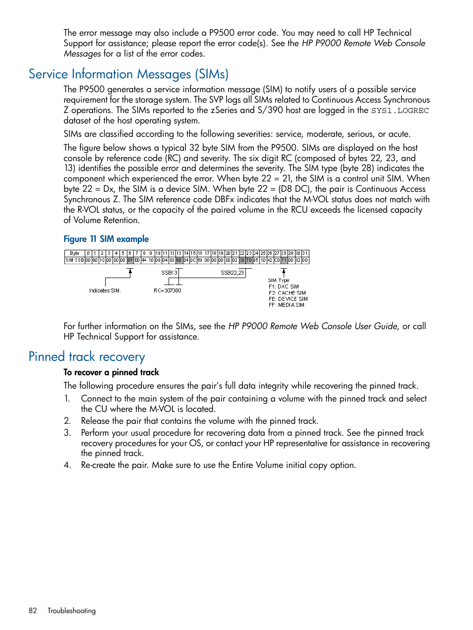 Service information messages (sims), Pinned track recovery | HP XP P9500 Storage User Manual | Page 82 / 152