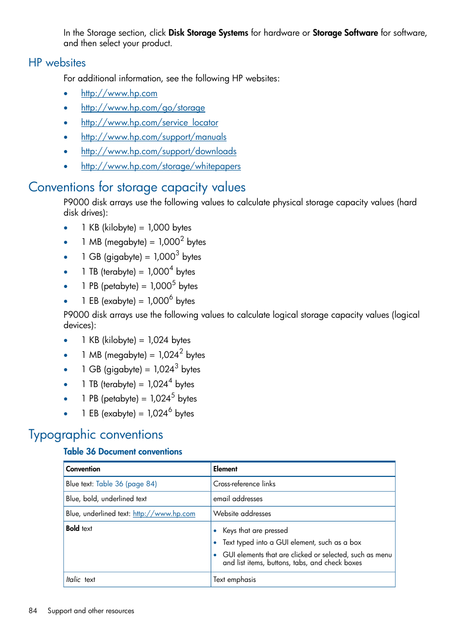 Hp websites, Conventions for storage capacity values, Typographic conventions | HP XP P9500 Storage User Manual | Page 84 / 152