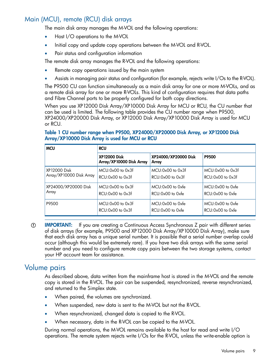 Main (mcu), remote (rcu) disk arrays, Volume pairs | HP XP P9500 Storage User Manual | Page 9 / 152