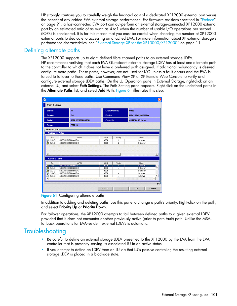 Defining alternate paths, Figure 61 configuring alternate paths, Troubleshooting | 61 configuring alternate paths | HP StorageWorks XP Remote Web Console Software User Manual | Page 101 / 106