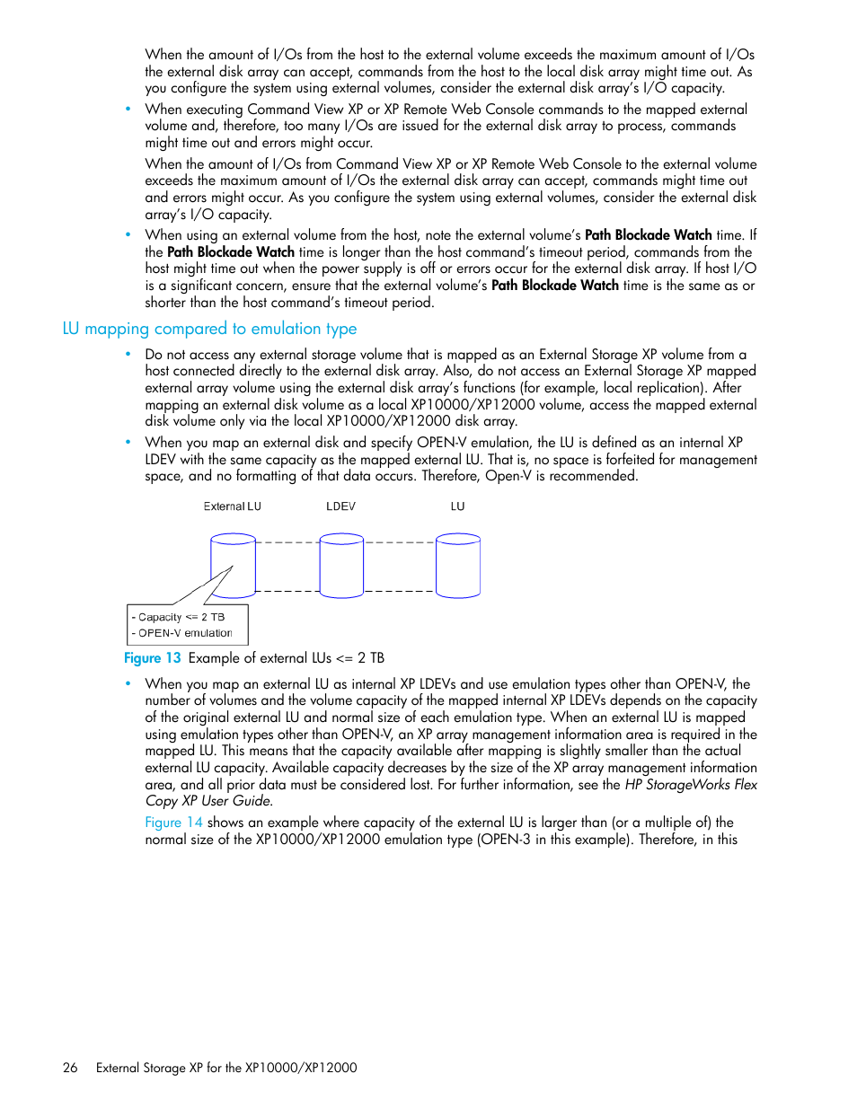Lu mapping compared to emulation type, Figure 13 example of external lus <= 2 tb, 13 example of external lus <= 2 tb | HP StorageWorks XP Remote Web Console Software User Manual | Page 26 / 106