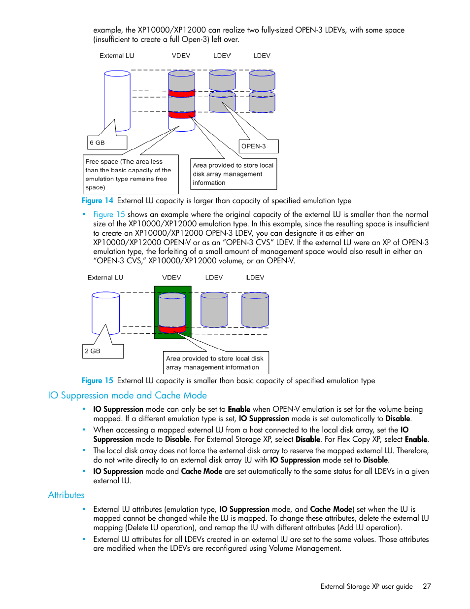 Io suppression mode and cache mode, Attributes | HP StorageWorks XP Remote Web Console Software User Manual | Page 27 / 106