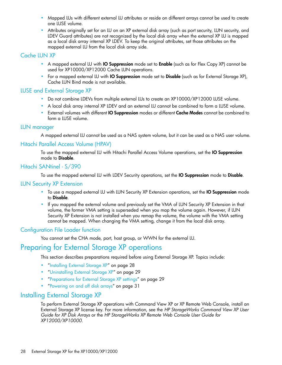 Cache lun xp, Luse and external storage xp, Lun manager | Hitachi parallel access volume (hpav), Hitachi santinel - s/390, Lun security xp extension, Configuration file loader function, Preparing for external storage xp operations, Installing external storage xp | HP StorageWorks XP Remote Web Console Software User Manual | Page 28 / 106