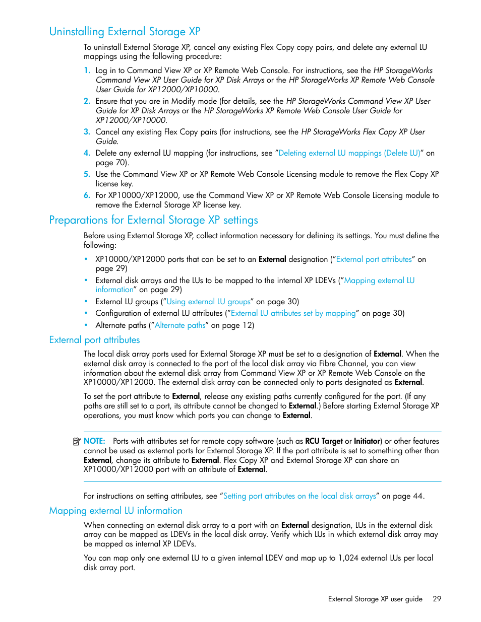 Uninstalling external storage xp, Preparations for external storage xp settings, External port attributes | Mapping external lu information | HP StorageWorks XP Remote Web Console Software User Manual | Page 29 / 106