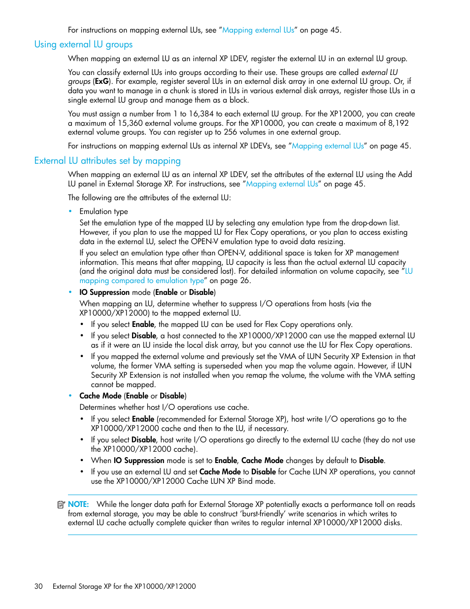 Using external lu groups, External lu attributes set by mapping | HP StorageWorks XP Remote Web Console Software User Manual | Page 30 / 106